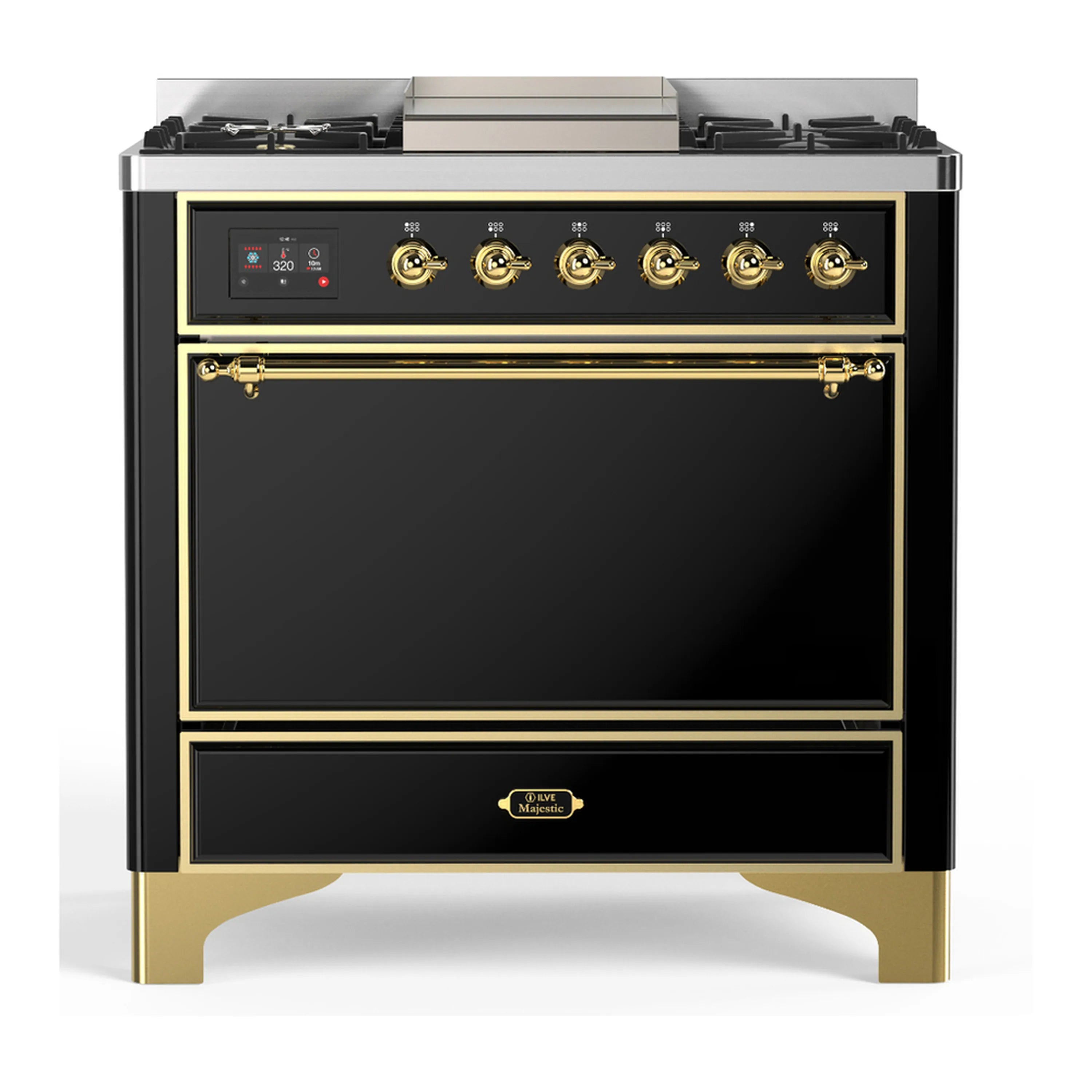 Glossy black dual fuel range with brass trim, control panel and closed oven door
