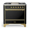ILVE Majestic III 36-inch Dual Fuel Range with 5 Liquid Propane Burner, Griddle and Solid Door Electric Oven in Glossy Black with Brass Trim (UM36FQNR3BKGLP)