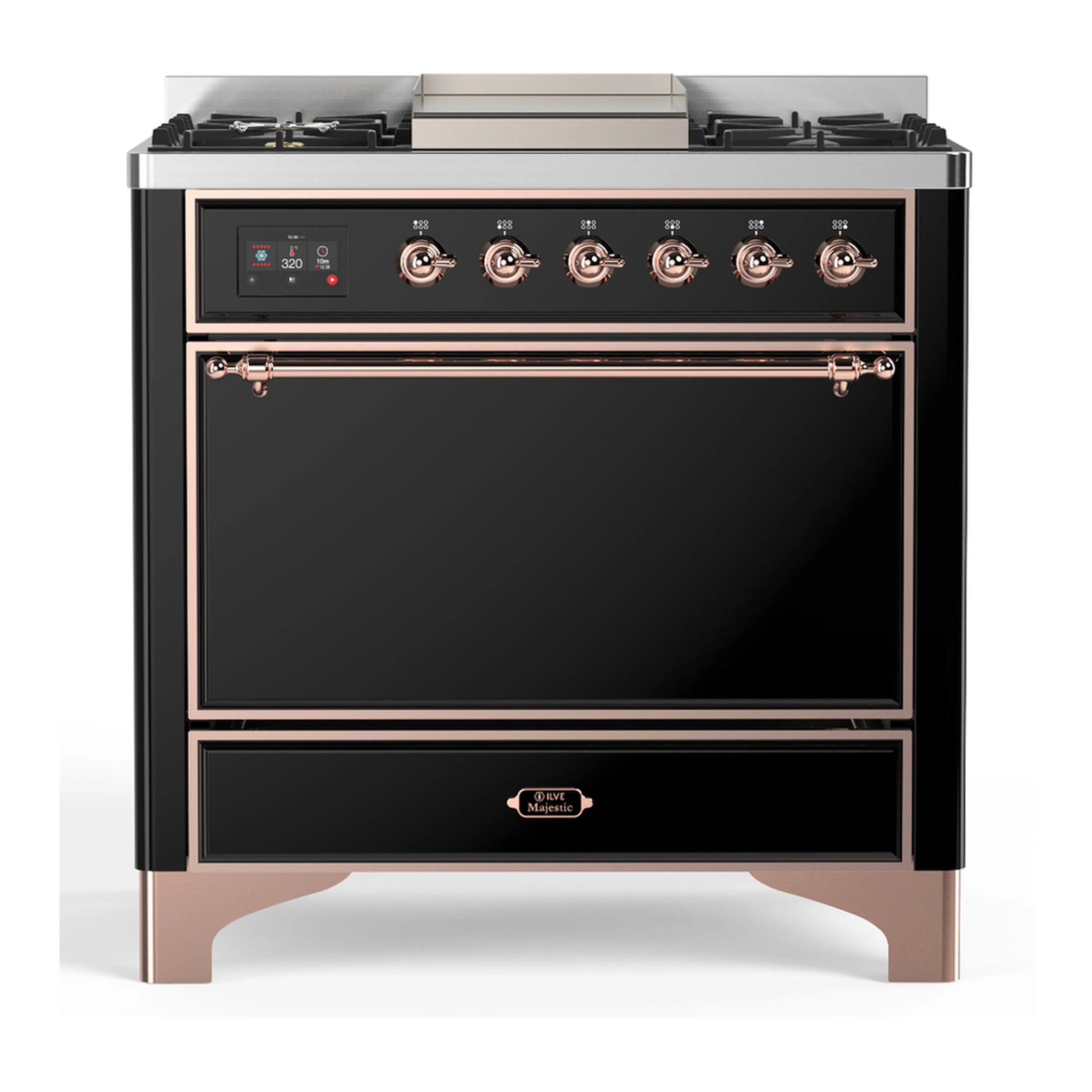 36-inch dual fuel range in glossy black with copper-trim oven and control panel