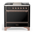 ILVE Majestic III 36-inch Dual Fuel Range with 6 Natural Gas Burner, Griddle and Solid Door Electric Oven in Glossy Black with Copper Trim (UM36FQNR3BKP)