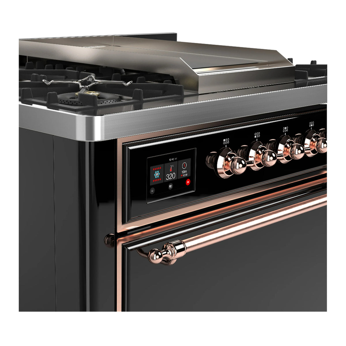 36-inch dual fuel range side close-up showing copper knobs and glossy black oven door