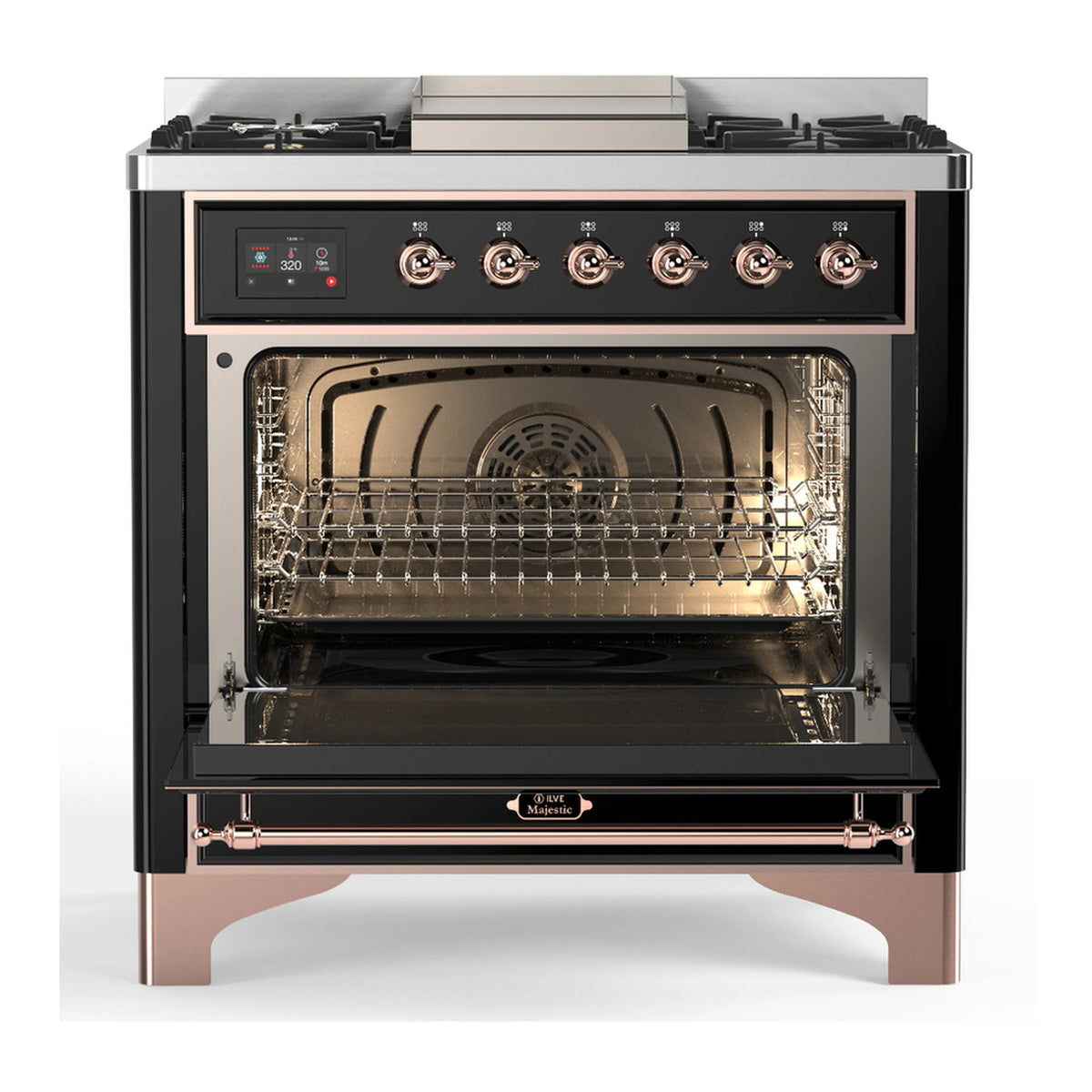 36-inch dual fuel range with oven door open showing metal racks and interior light