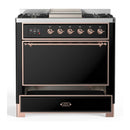 ILVE Majestic III 36-inch Dual Fuel Range with 6 Natural Gas Burner, Griddle and Solid Door Electric Oven in Glossy Black with Copper Trim (UM36FQNR3BKP)