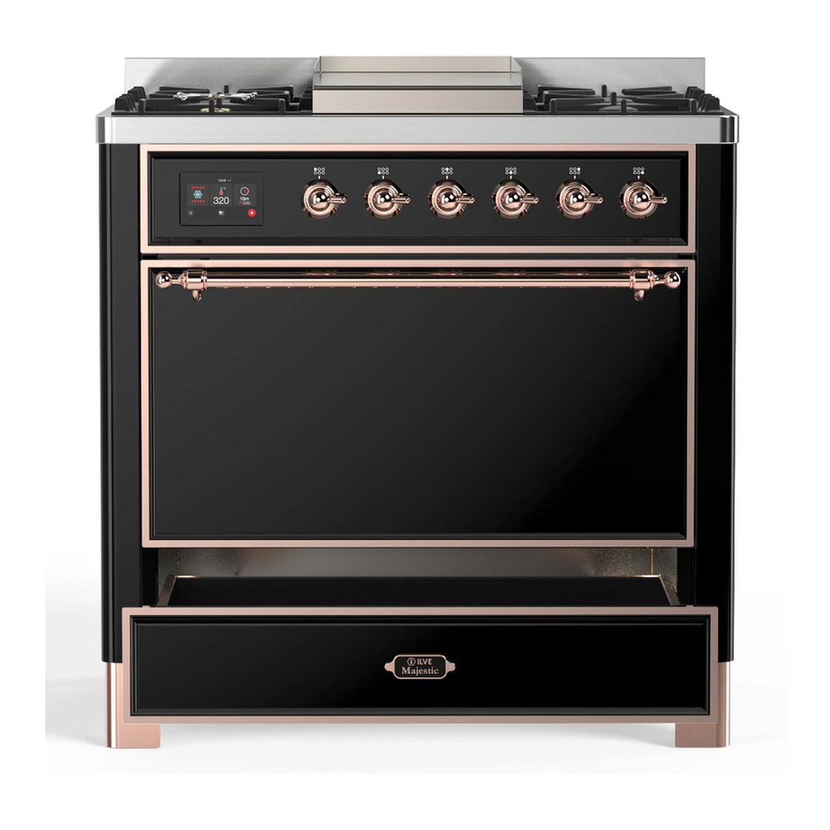 Black dual fuel range front with glass oven door and copper handle trim.