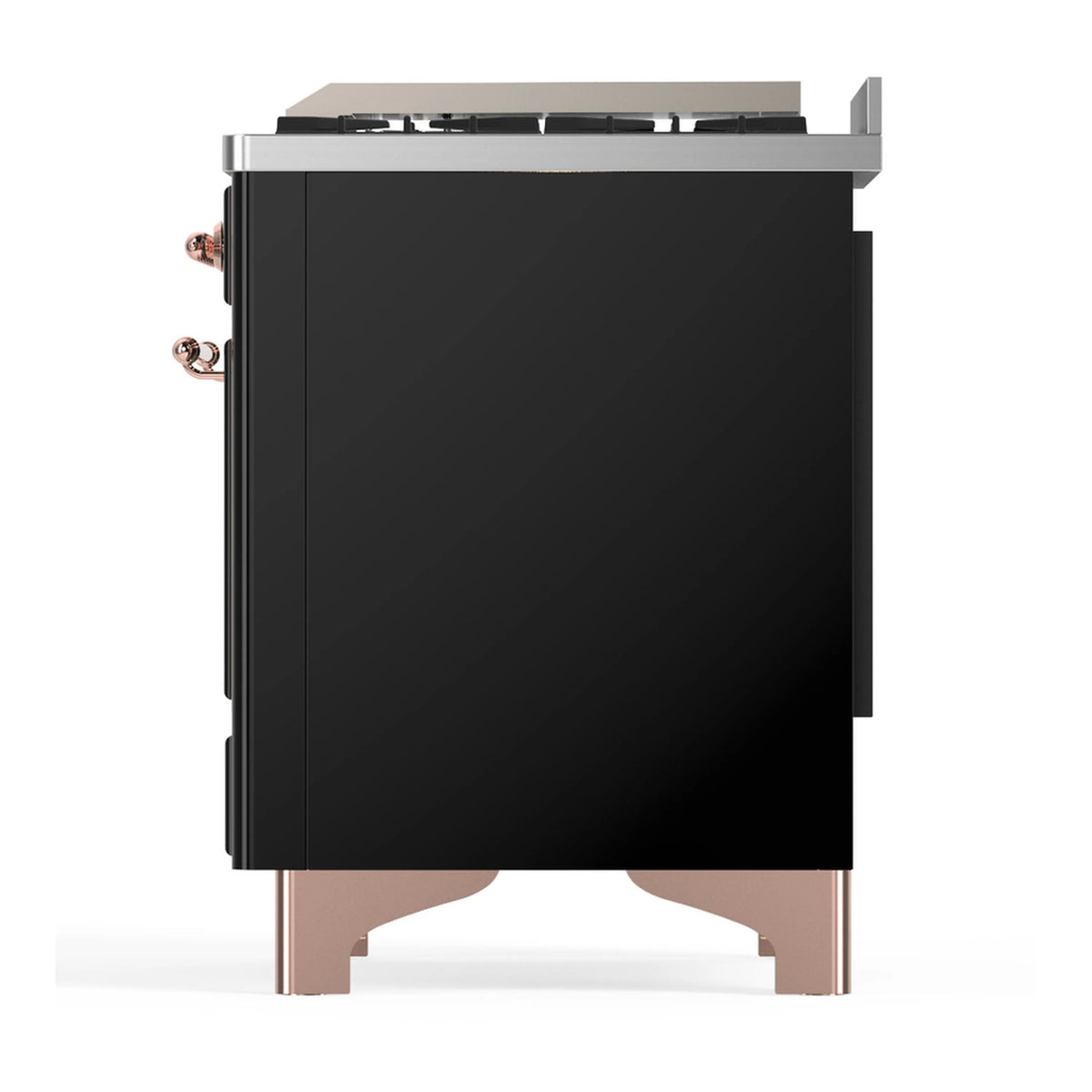 36-inch dual fuel range rear side panel in glossy black with copper feet