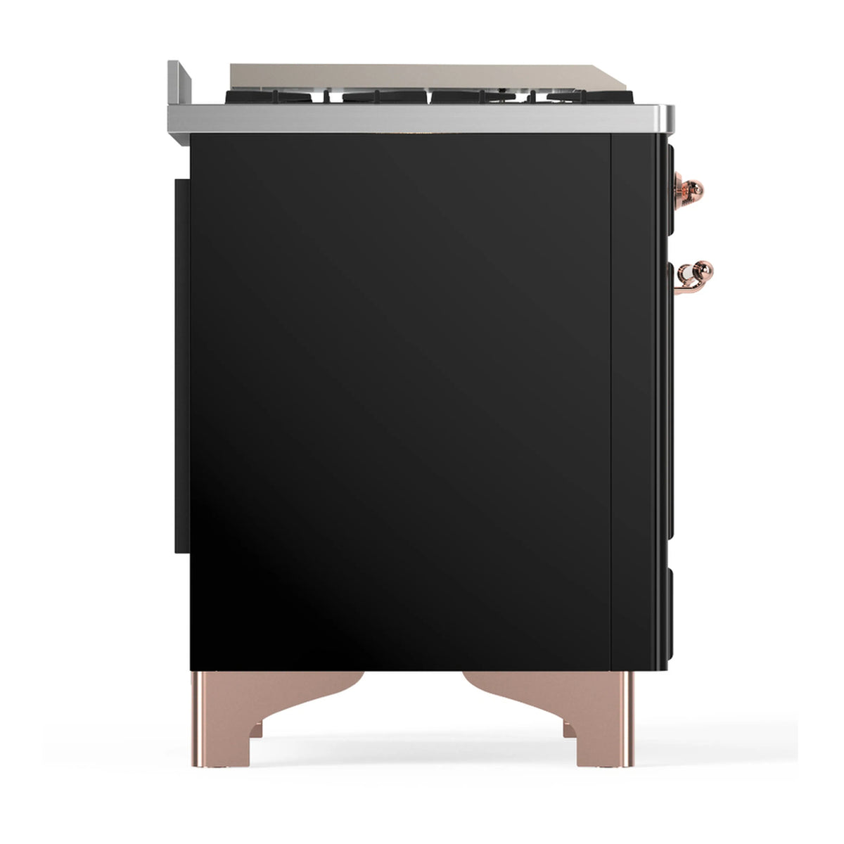 36-inch dual fuel range opposite rear view with glossy black panel and copper trim