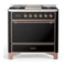 ILVE Majestic III 36-inch Dual Fuel Range with 6 Natural Gas Burner, Griddle and Solid Door Electric Oven in Glossy Black with Copper Trim (UM36FQNR3BKP)