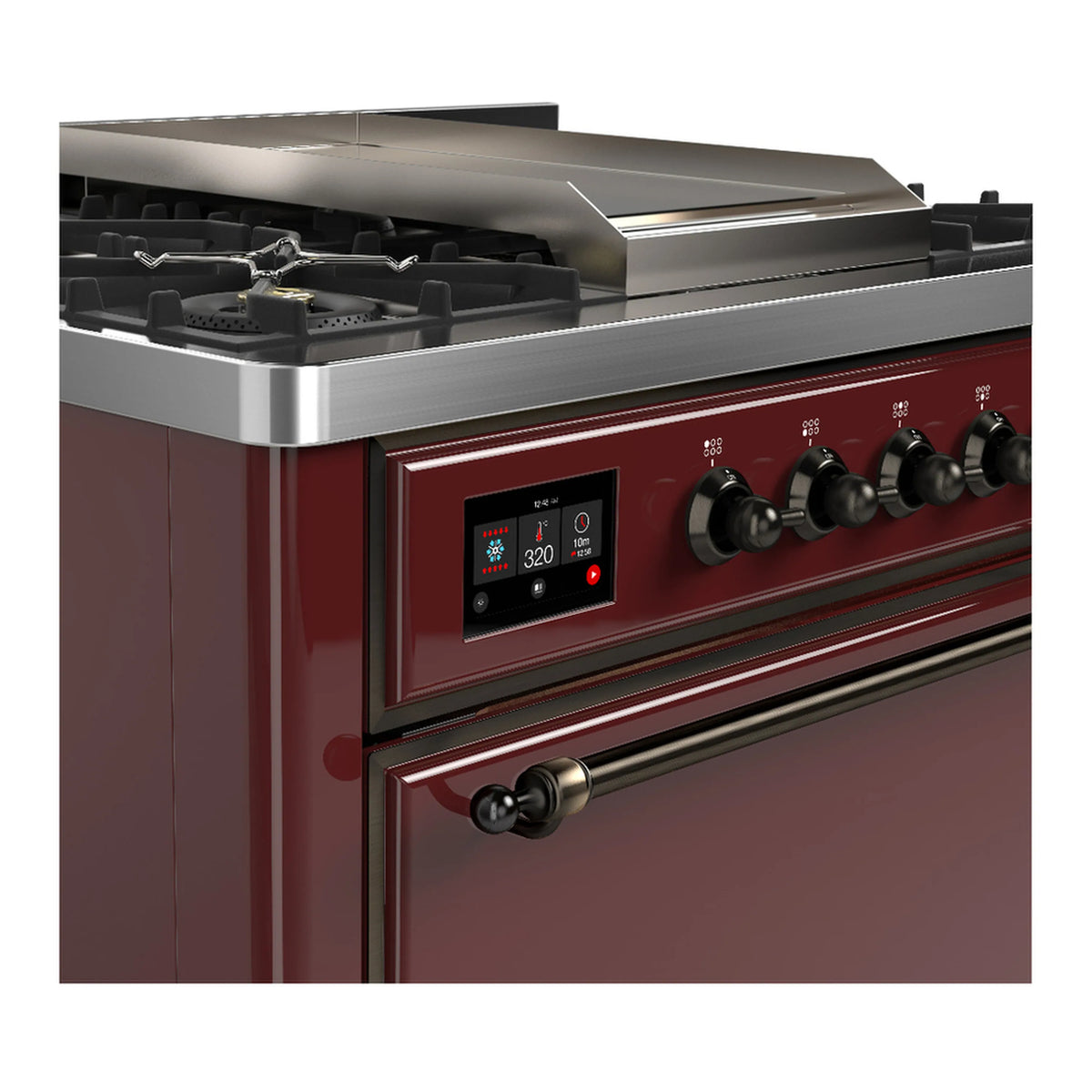 Burgundy dual fuel range front with control display, knobs, and oven handle