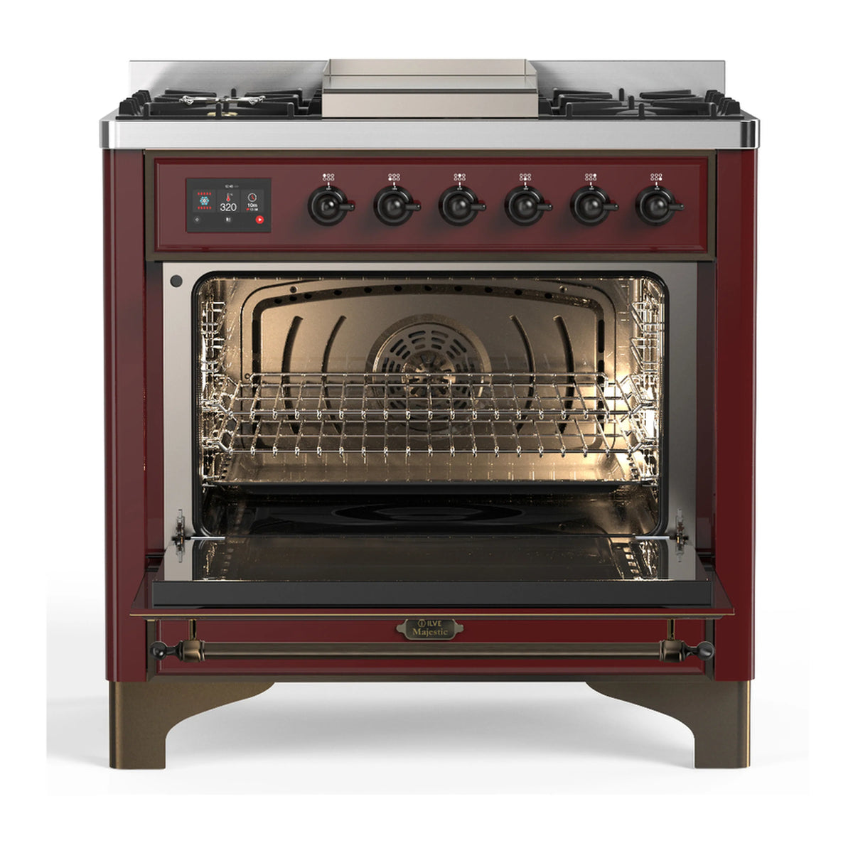 Burgundy dual fuel range with oven door open, interior racks, and heating elements