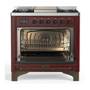 ILVE Majestic III 36-inch Dual Fuel Range with 5 Liquid Propane Burner, Griddle and Solid Door Electric Oven in Burgundy with Burnished Trim (UM36FQNR3BUBLP)