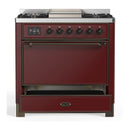 ILVE Majestic III 36-inch Dual Fuel Range with 6 Natural Gas Burner, Griddle and Solid Door Electric Oven in Burgundy with Burnished Trim (UM36FQNR3BUB)