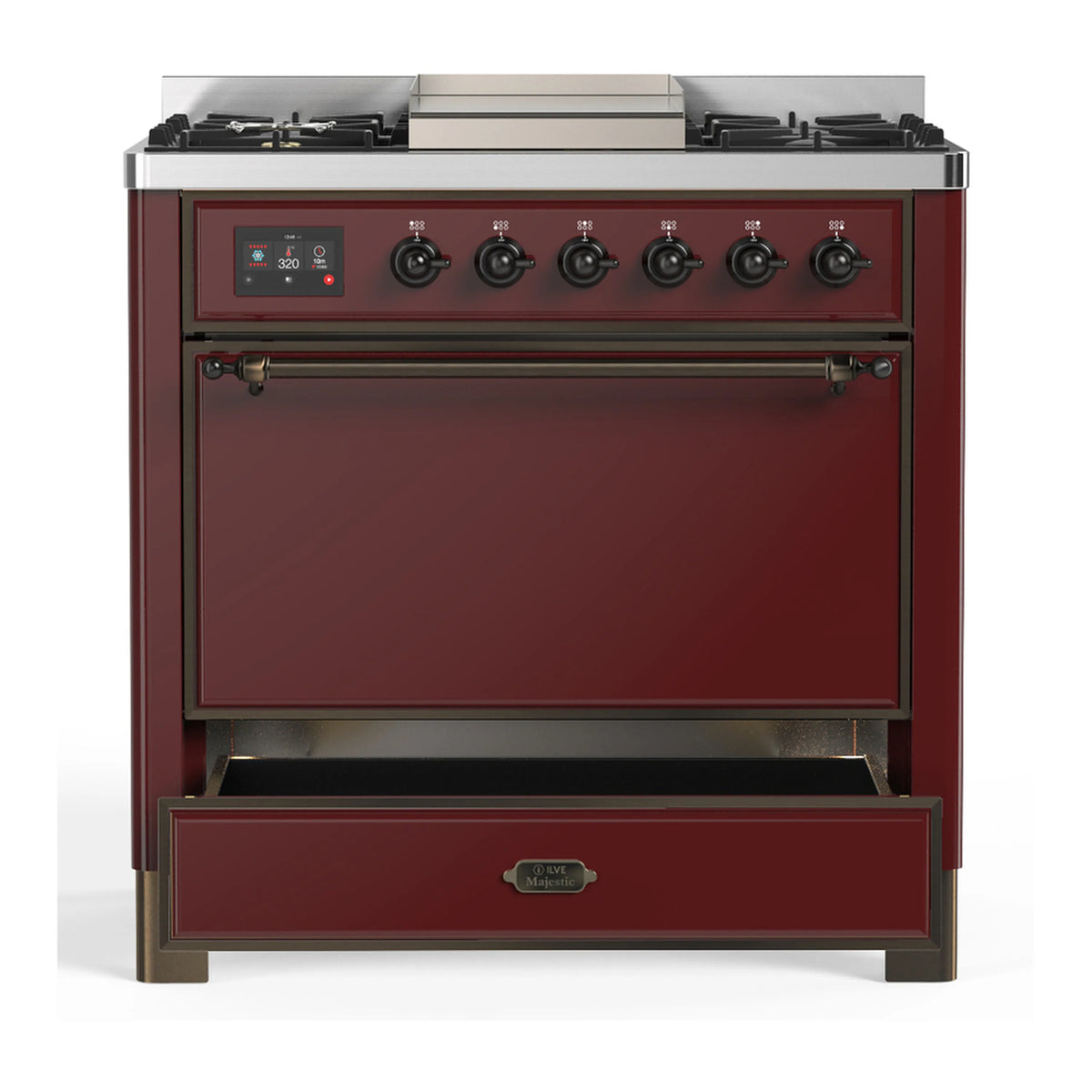 Burgundy dual fuel range front view with oven door closed and lower drawer open