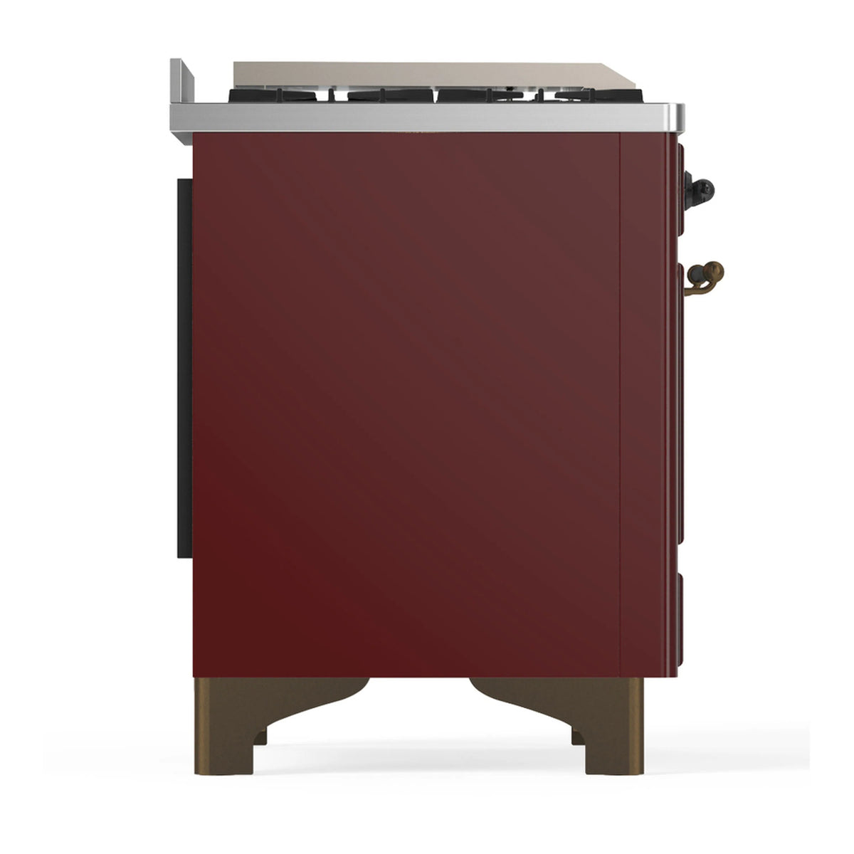 Burgundy dual fuel range rear side with vented panels and brushed metal trim