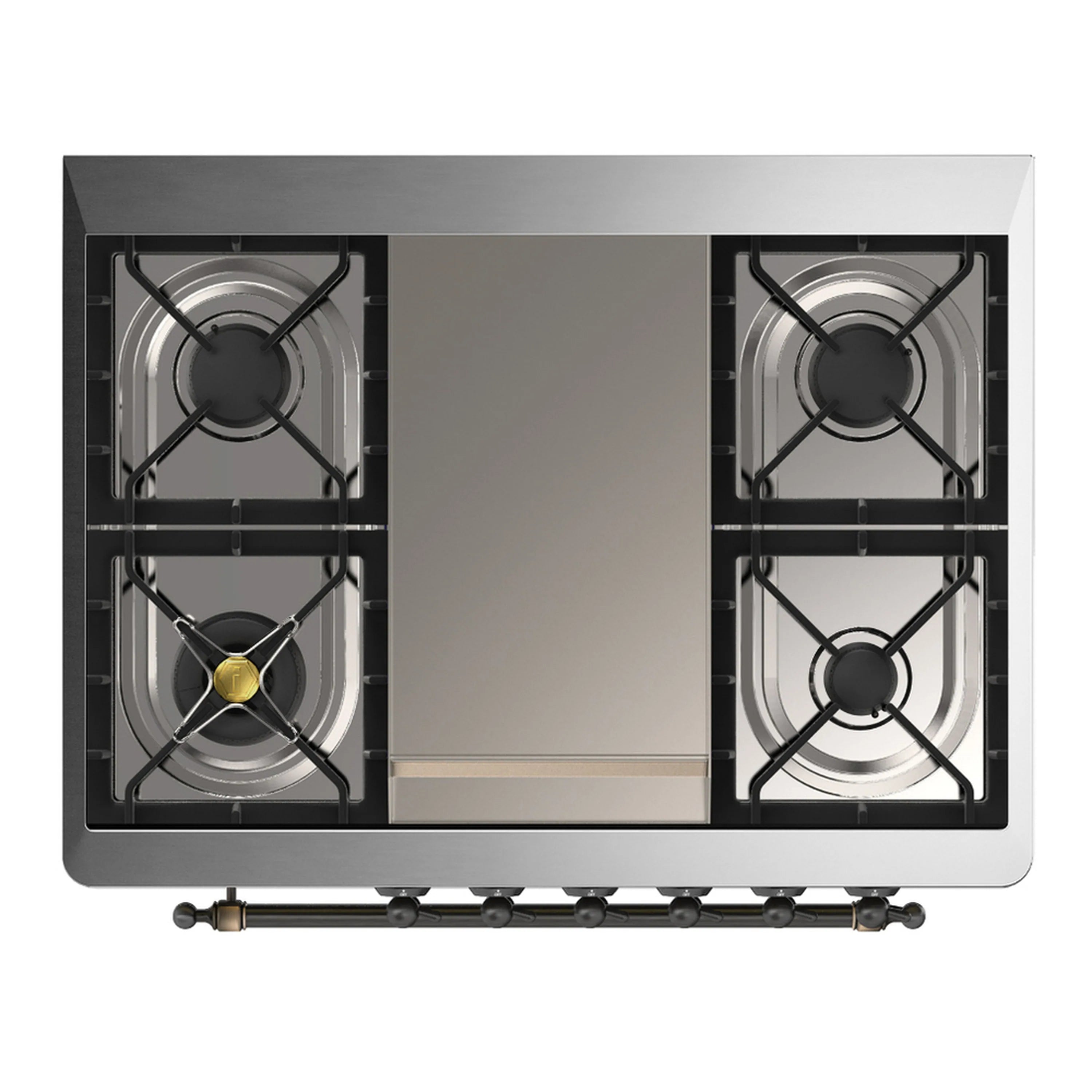 Dual fuel range cooktop with four gas burners and removable grates