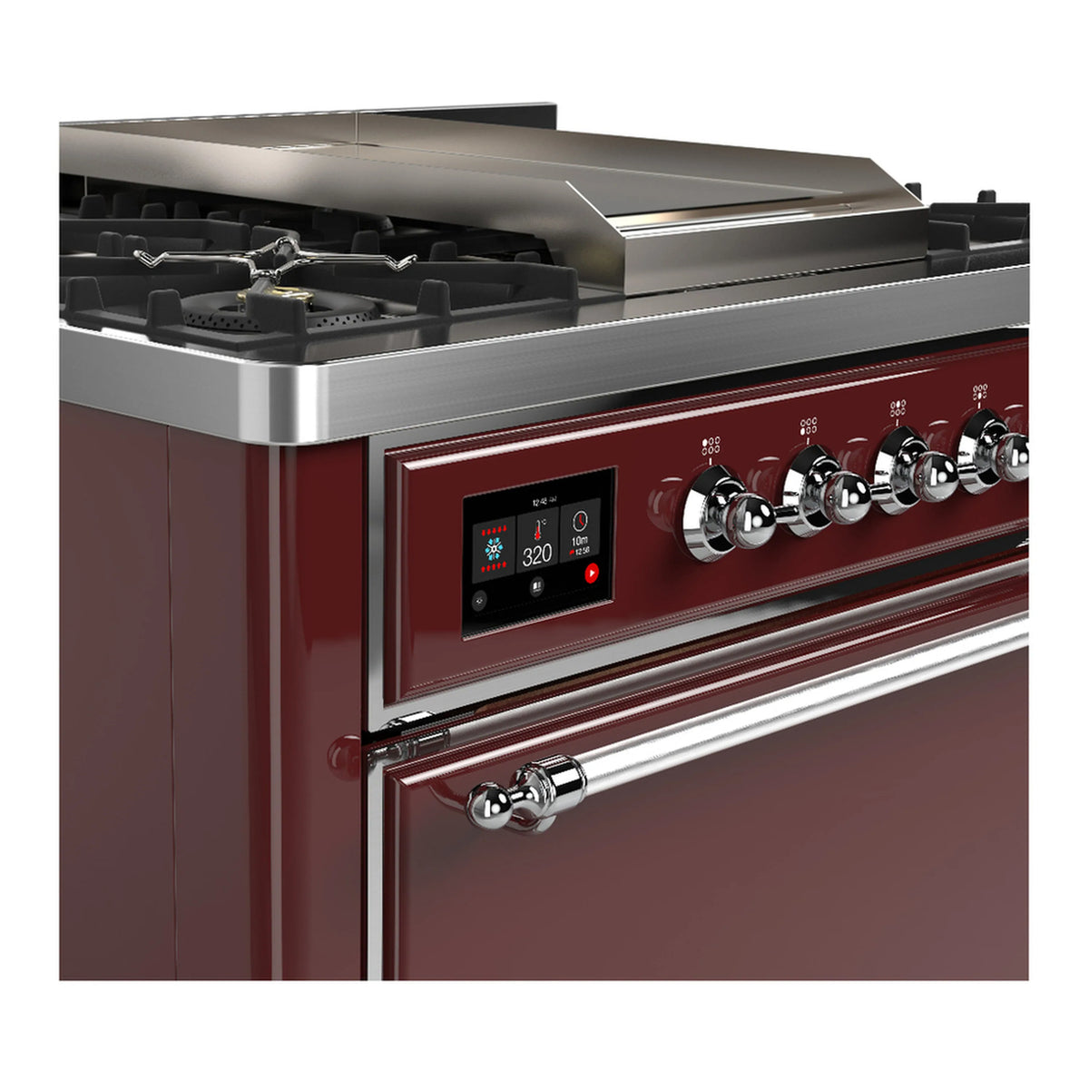Burgundy dual fuel range close-up with chrome control knobs and digital display
