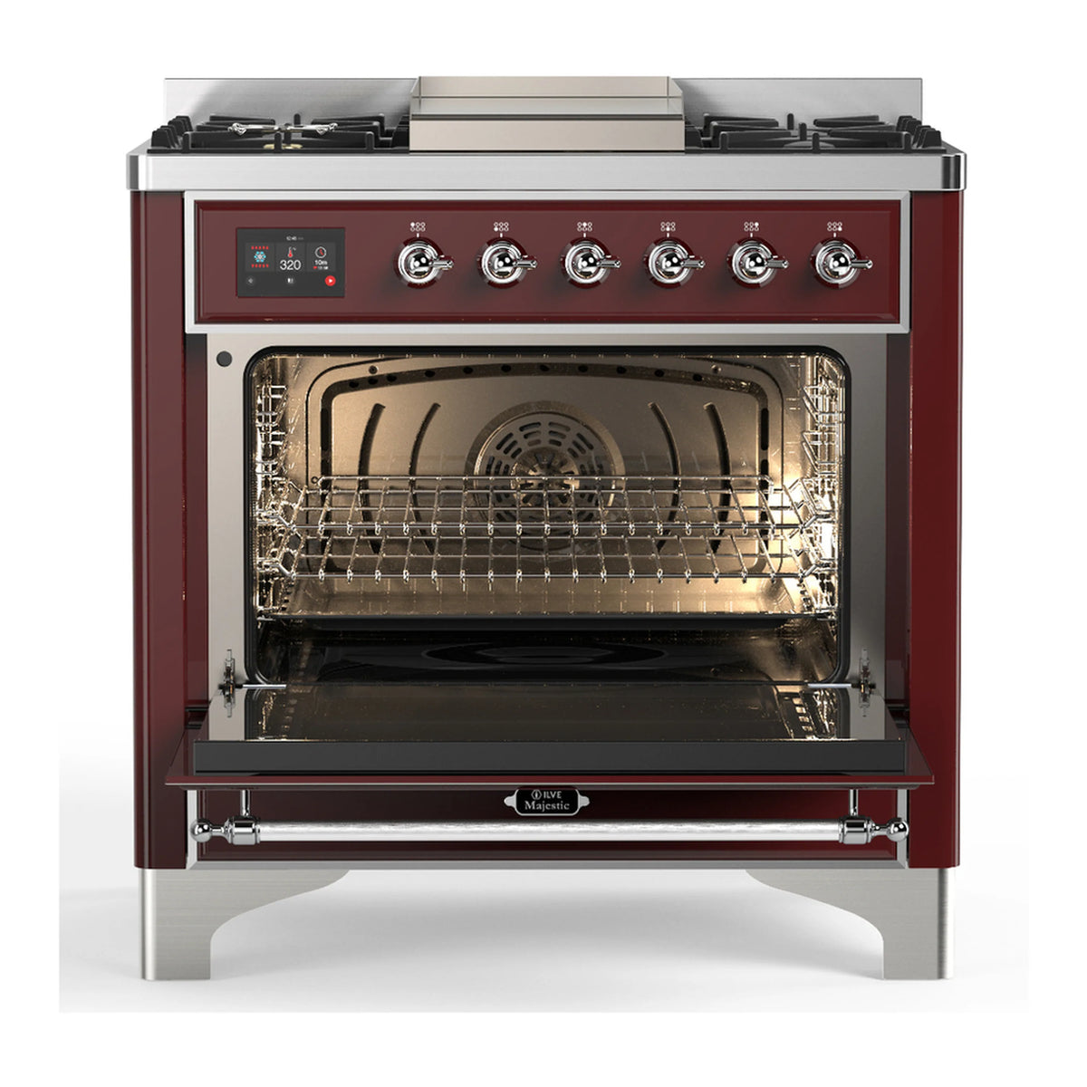 Burgundy electric oven door open, showing interior racks and heating elements