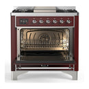 ILVE Majestic III 36-inch Dual Fuel Range with 5 Liquid Propane Burner, Griddle and Solid Door Electric Oven in Burgundy with Chrome Trim (UM36FQNR3BUCLP)