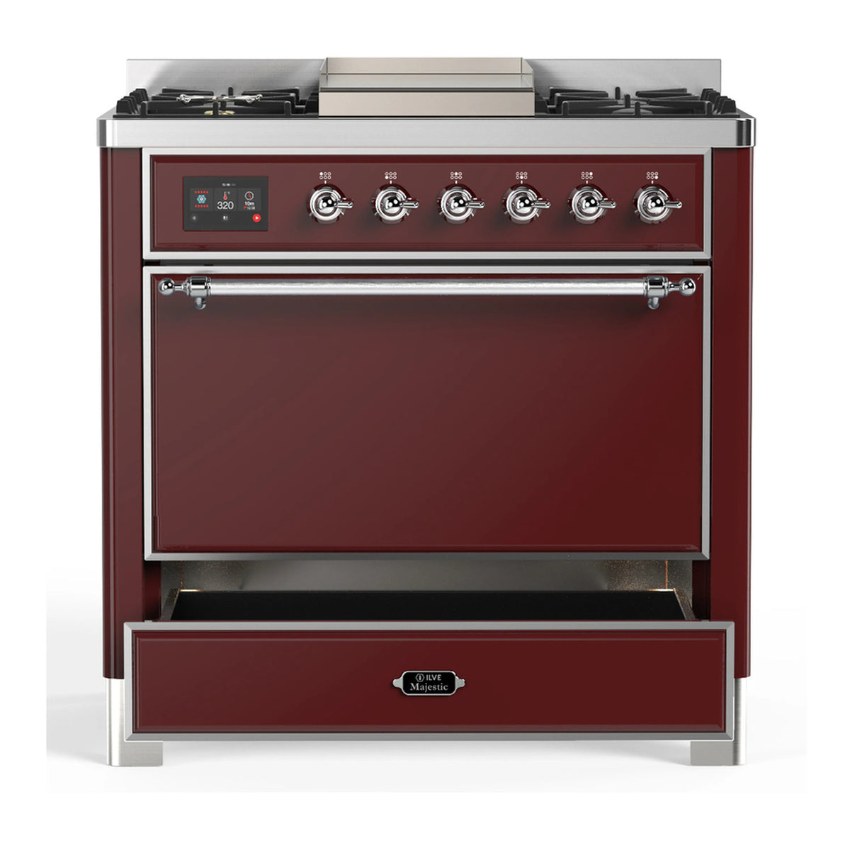 Burgundy dual fuel range with closed oven door and lower storage drawer