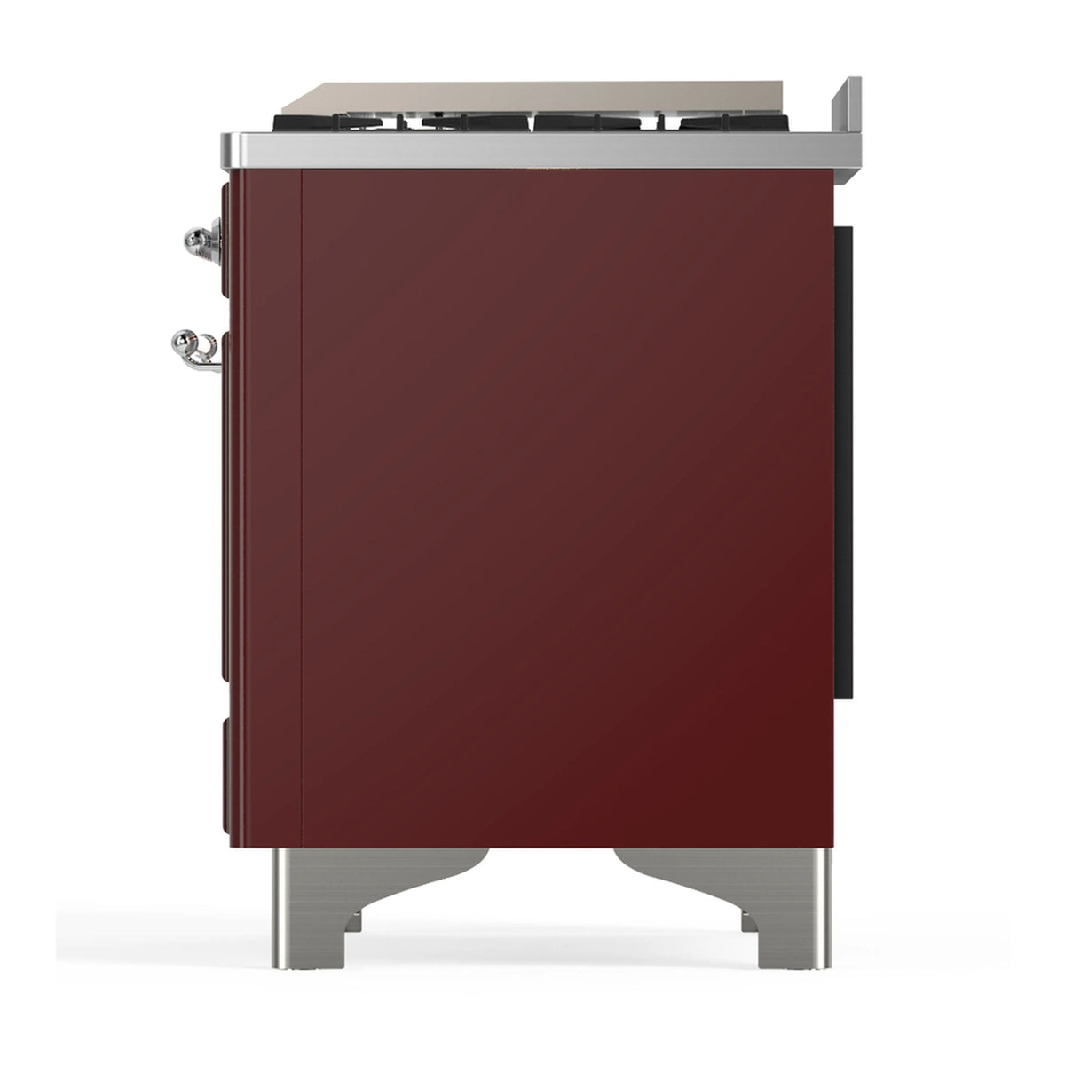 Burgundy range side panel with chrome accents and dual-fuel oven design
