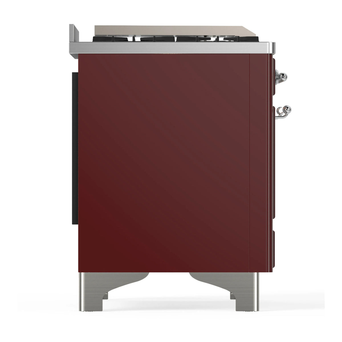 Burgundy dual fuel range side view with chrome-trim legs and rear control area