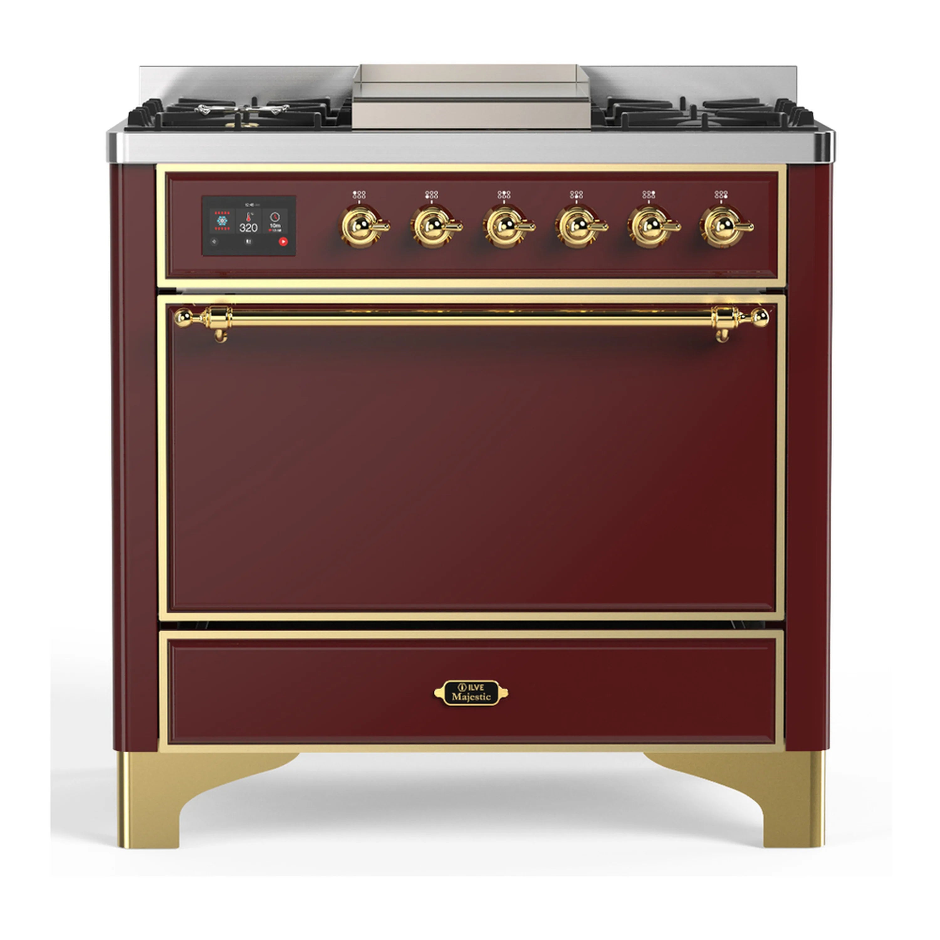 Burgundy dual fuel range with brass trim, 6 gas burners, griddle, and electric oven door