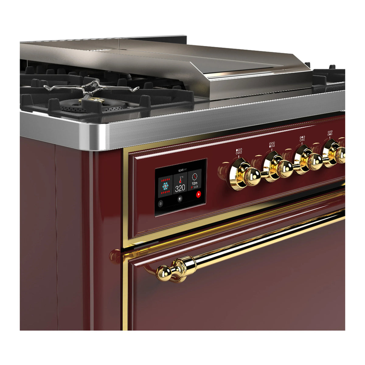 Burgundy dual fuel range control panel with brass knobs and oven door handle trim