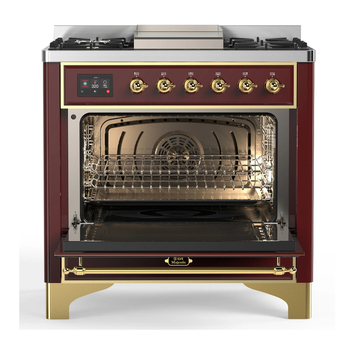 Burgundy dual fuel range with open electric oven door and interior oven racks