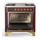 ILVE Majestic III 36-inch Dual Fuel Range with 6 Natural Gas Burner, Griddle and Solid Door Electric Oven in Burgundy with Brass Trim (UM36FQNR3BUG)