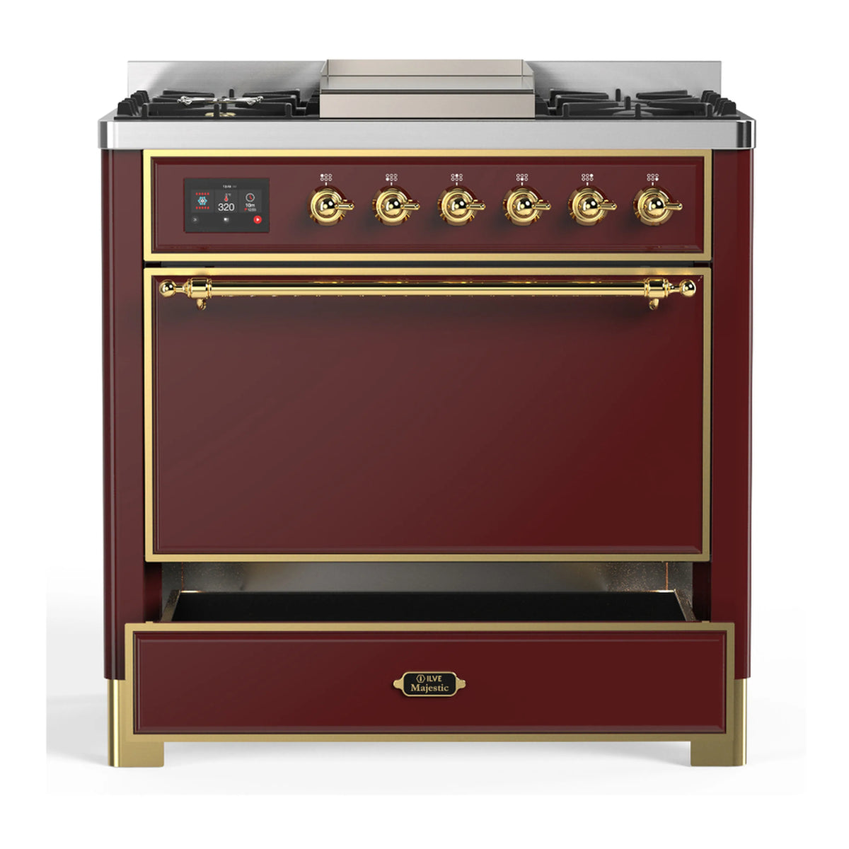 Burgundy dual fuel range front with brass-framed oven doors and control panel