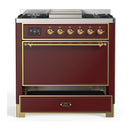 ILVE Majestic III 36-inch Dual Fuel Range with 5 Liquid Propane Burner, Griddle and Solid Door Electric Oven in Burgundy with Brass Trim (UM36FQNR3BUGLP)