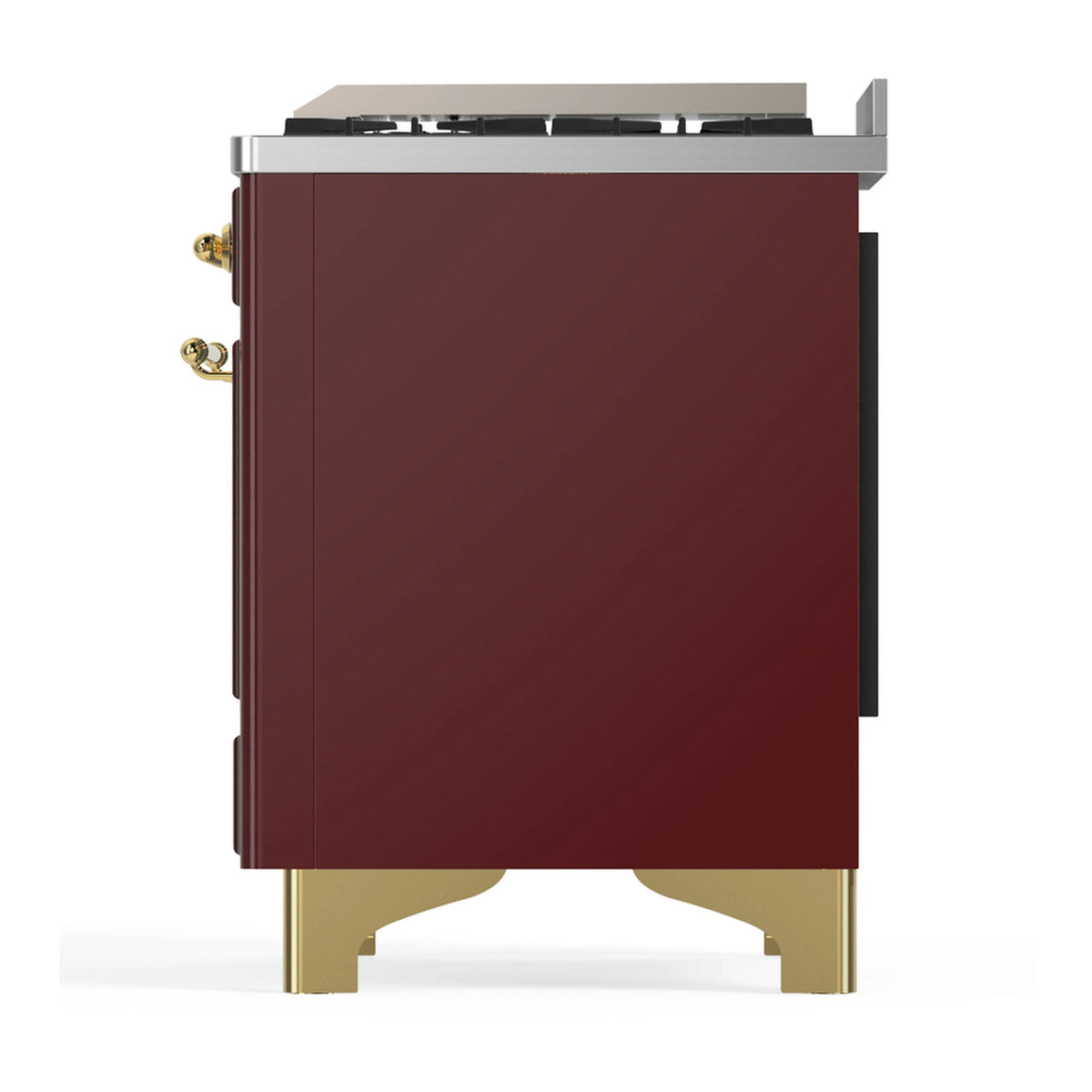 Burgundy dual fuel range side panel with brass trim and leveling feet