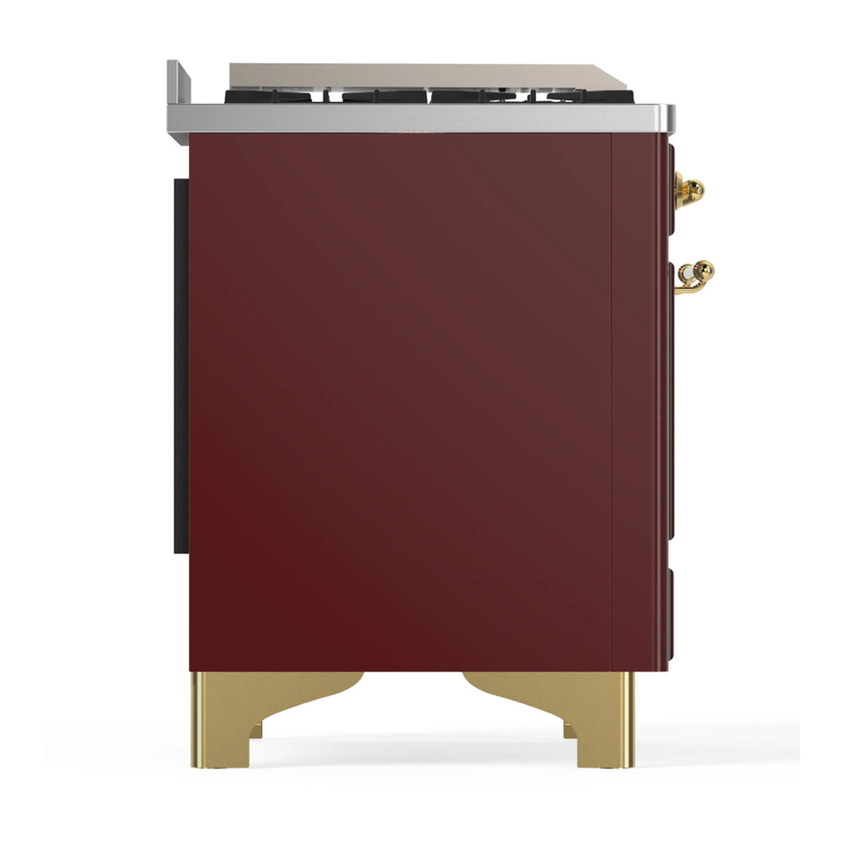 Burgundy dual fuel range rear side view with brass side accents and black paneling