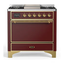 ILVE Majestic III 36-inch Dual Fuel Range with 5 Liquid Propane Burner, Griddle and Solid Door Electric Oven in Burgundy with Brass Trim (UM36FQNR3BUGLP)