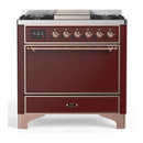ILVE Majestic III 36-inch Dual Fuel Range with 6 Natural Gas Burner, Griddle and Solid Door Electric Oven in Burgundy with Copper Trim (UM36FQNR3BUP)