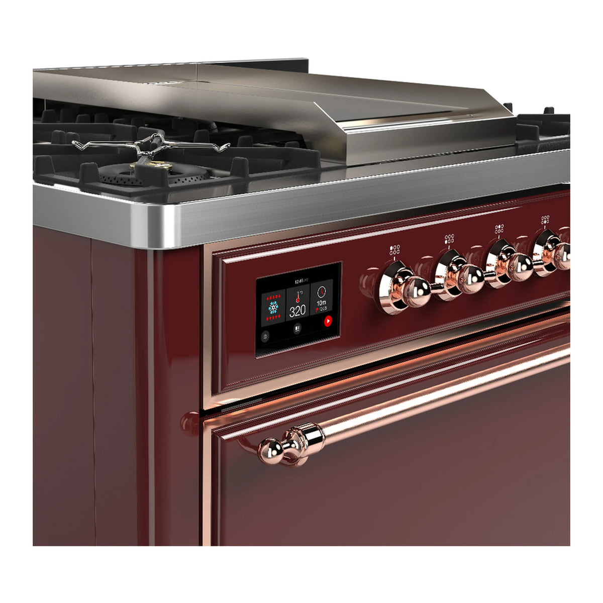 Burgundy dual fuel range side view with control panel and copper-trimmed oven handle