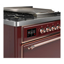 ILVE Majestic III 36-inch Dual Fuel Range with 5 Liquid Propane Burner, Griddle and Solid Door Electric Oven in Burgundy with Copper Trim (UM36FQNR3BUPLP)