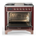 ILVE Majestic III 36-inch Dual Fuel Range with 6 Natural Gas Burner, Griddle and Solid Door Electric Oven in Burgundy with Copper Trim (UM36FQNR3BUP)