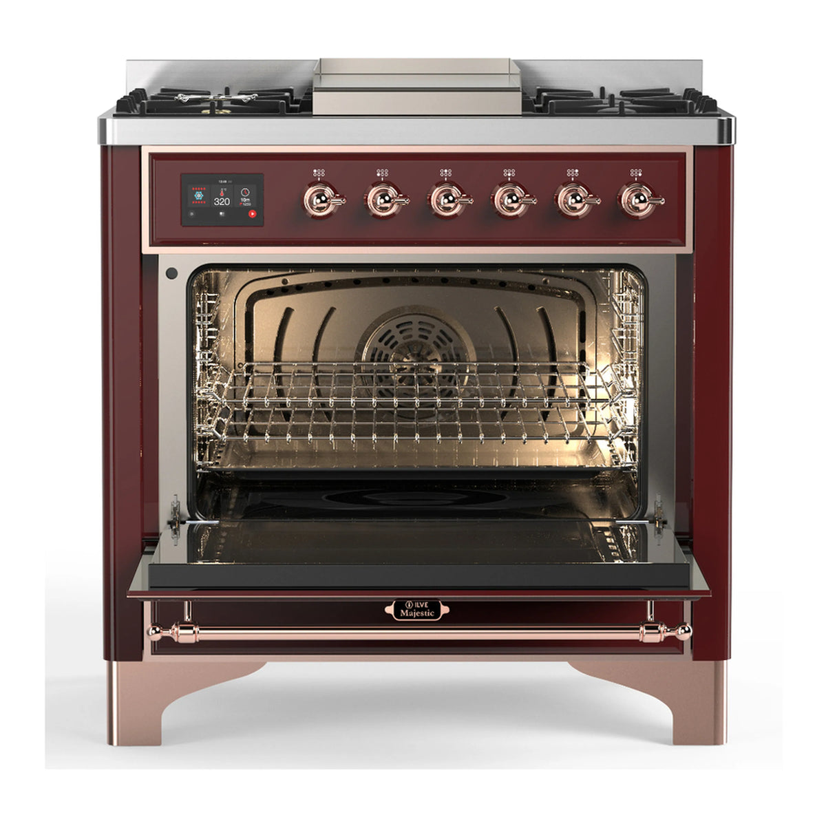 Dual fuel range with burgundy oven door open, showing wire rack and interior