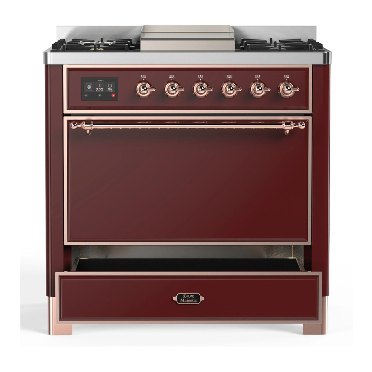Burgundy dual fuel range with closed oven door, copper trim, and control knobs