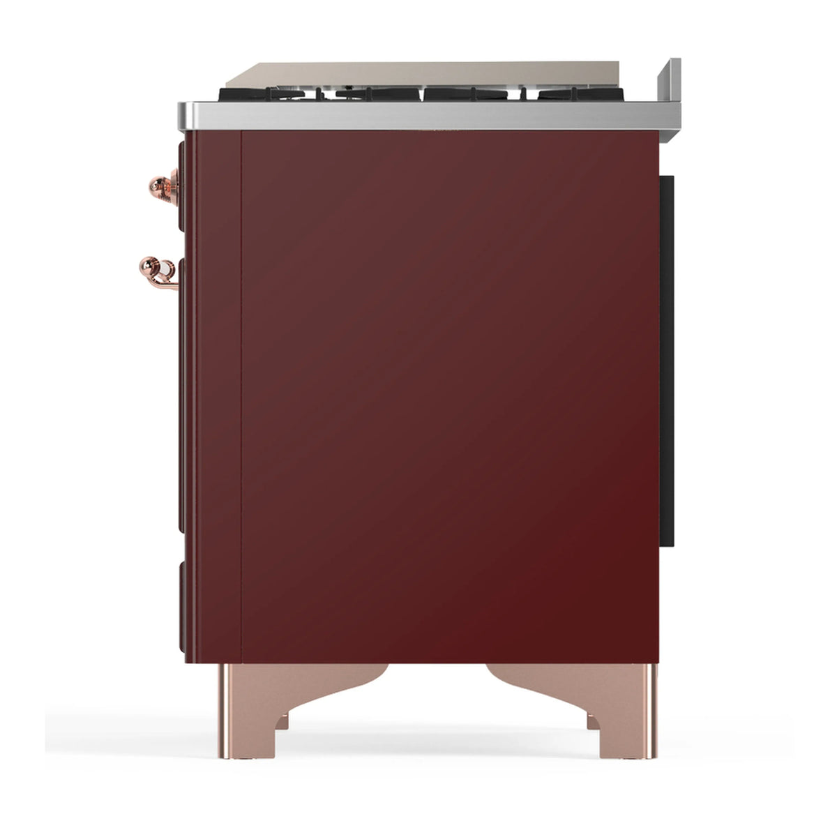 Burgundy dual fuel range with copper-trimmed sides and rear cooktop overhang