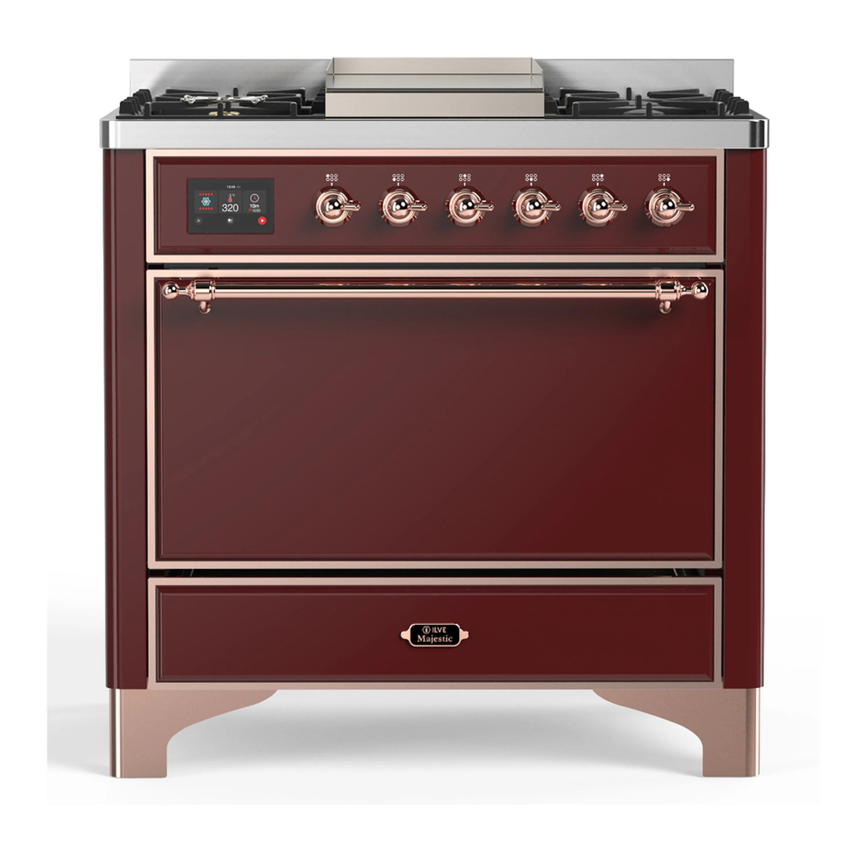 Dual fuel range in burgundy with copper trim, control panel, and solid oven door