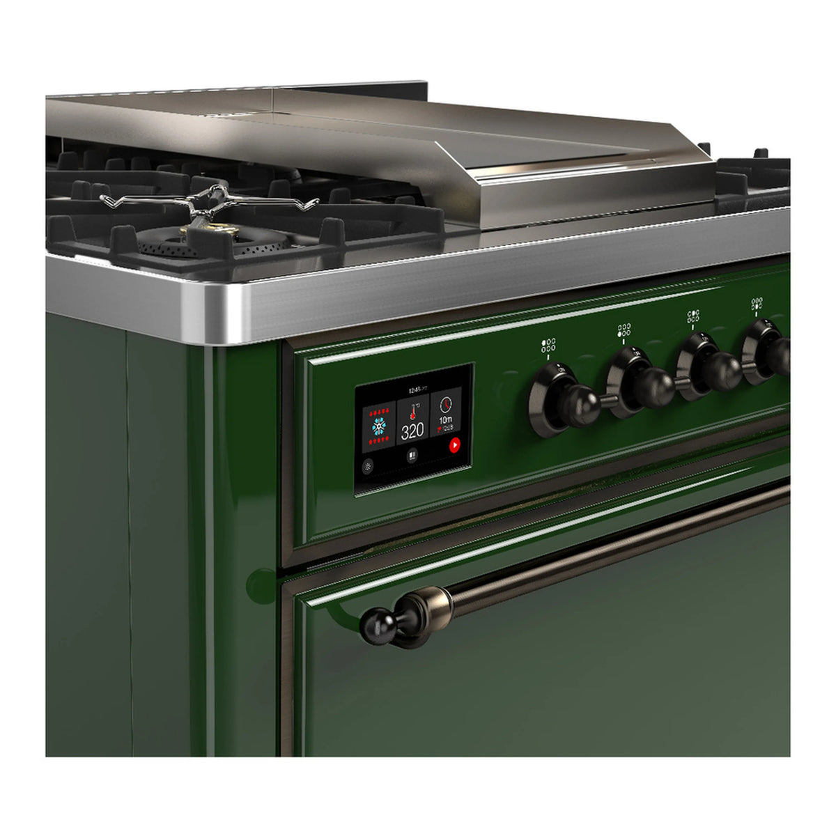 Emerald green range front with knobs, digital display, and stainless griddle burner trim