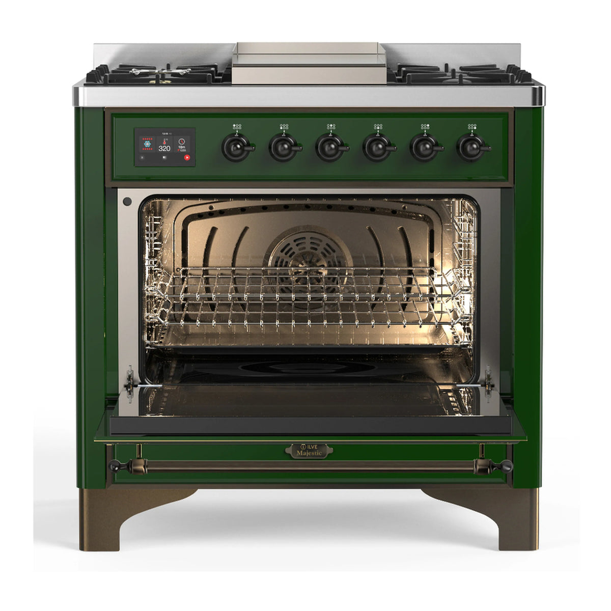 ILVE dual fuel range with oven door open, showing rack and interior heating elements