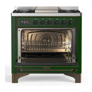 ILVE Majestic III 36-inch Dual Fuel Range with 5 Liquid Propane Burner, Griddle and Solid Door Electric Oven in Emerald Green with Burnished Trim (UM36FQNR3EGBLP)