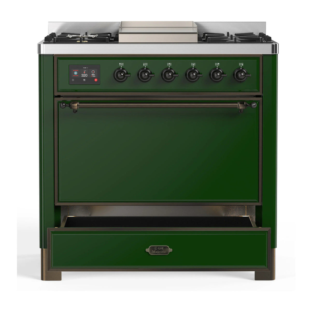 Emerald green oven and drawer fronts with solid door, brass handle trim