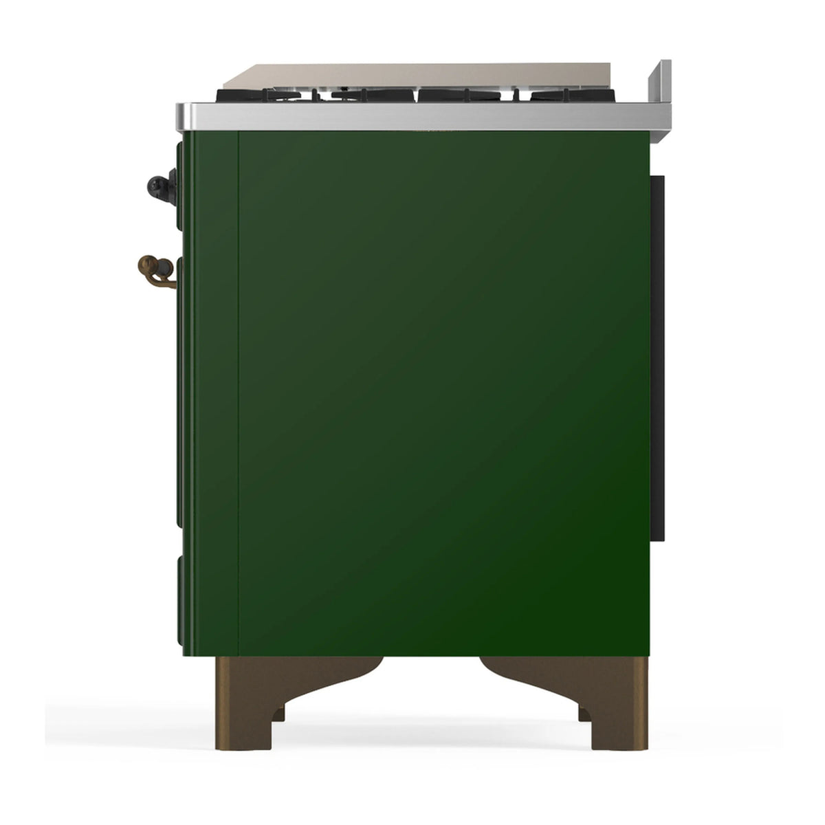 Side view of emerald green range with stainless top and side control knobs