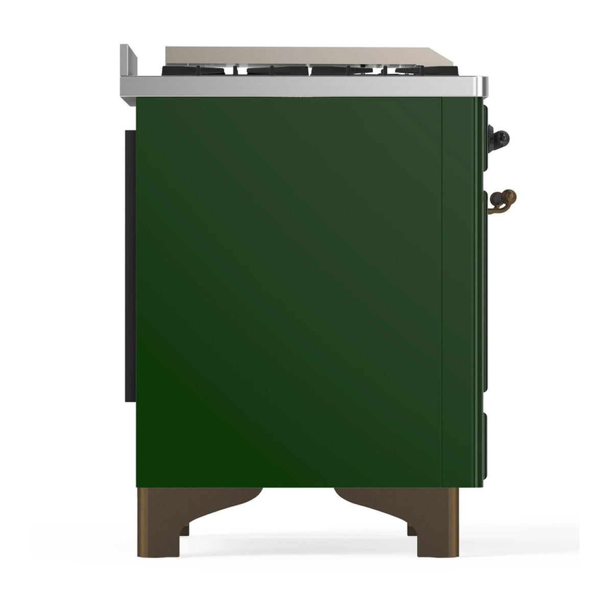 Rear corner view of emerald green range with stainless top and side knobs
