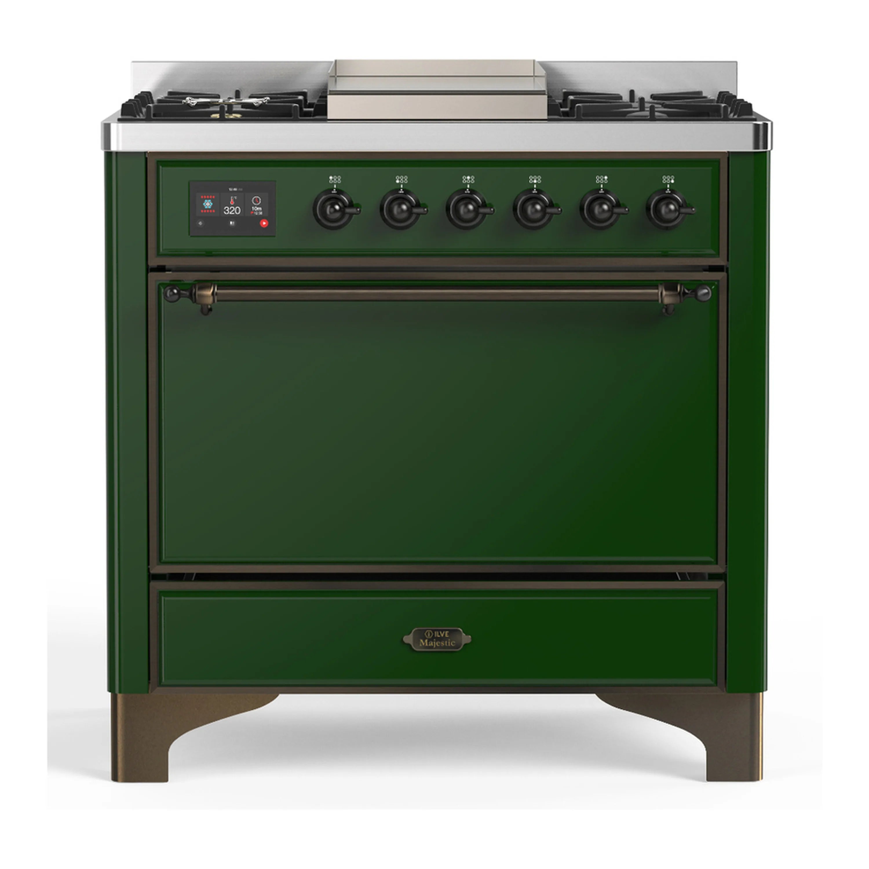 Emerald green dual-fuel range with 5 burners, control panel, and solid oven door