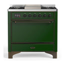 ILVE Majestic III 36-inch Dual Fuel Range with 5 Liquid Propane Burner, Griddle and Solid Door Electric Oven in Emerald Green with Burnished Trim (UM36FQNR3EGBLP)