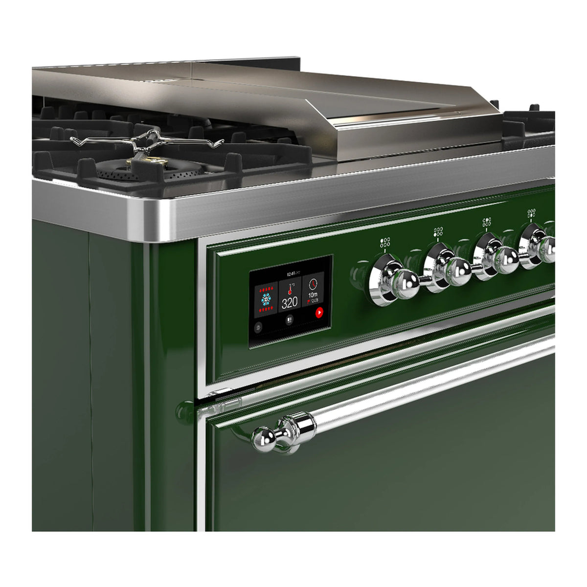 Emerald green dual fuel range side view with control panel and chrome burner knobs